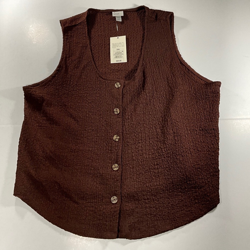 A New Day Womens XXL Dark Brown Crinkle Texture Button Front Vest Top NWT
